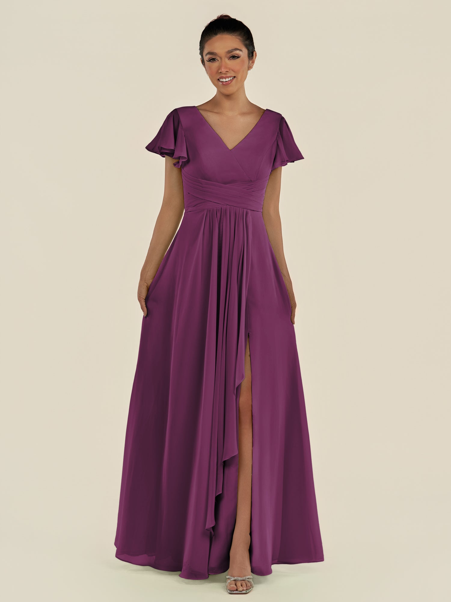 KissDress-Corin Fig A Line Chiffon V Neck Long Bridesmaid Dress with Flutter Sleeves