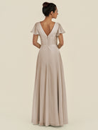 KissDress-Corin Frost A Line Chiffon V Neck Long Bridesmaid Dress with Flutter Sleeves