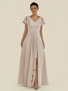 KissDress-Corin Frost A Line Chiffon V Neck Long Bridesmaid Dress with Flutter Sleeves