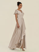 KissDress-Corin Frost A Line Chiffon V Neck Long Bridesmaid Dress with Flutter Sleeves