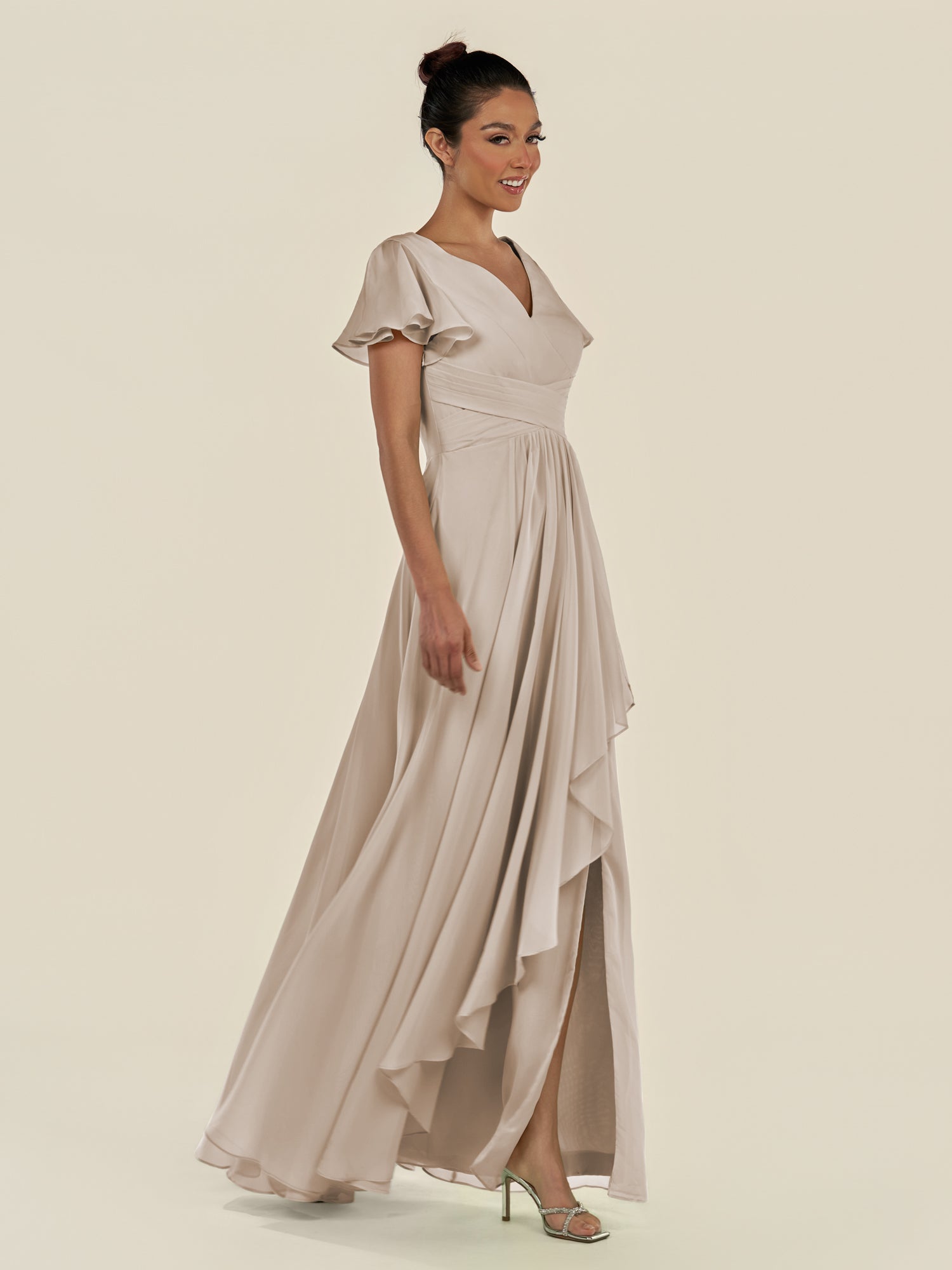 KissDress-Corin Frost A Line Chiffon V Neck Long Bridesmaid Dress with Flutter Sleeves