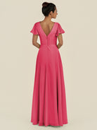 KissDress-Corin Fuchsia A Line Chiffon V Neck Long Bridesmaid Dress with Flutter Sleeves