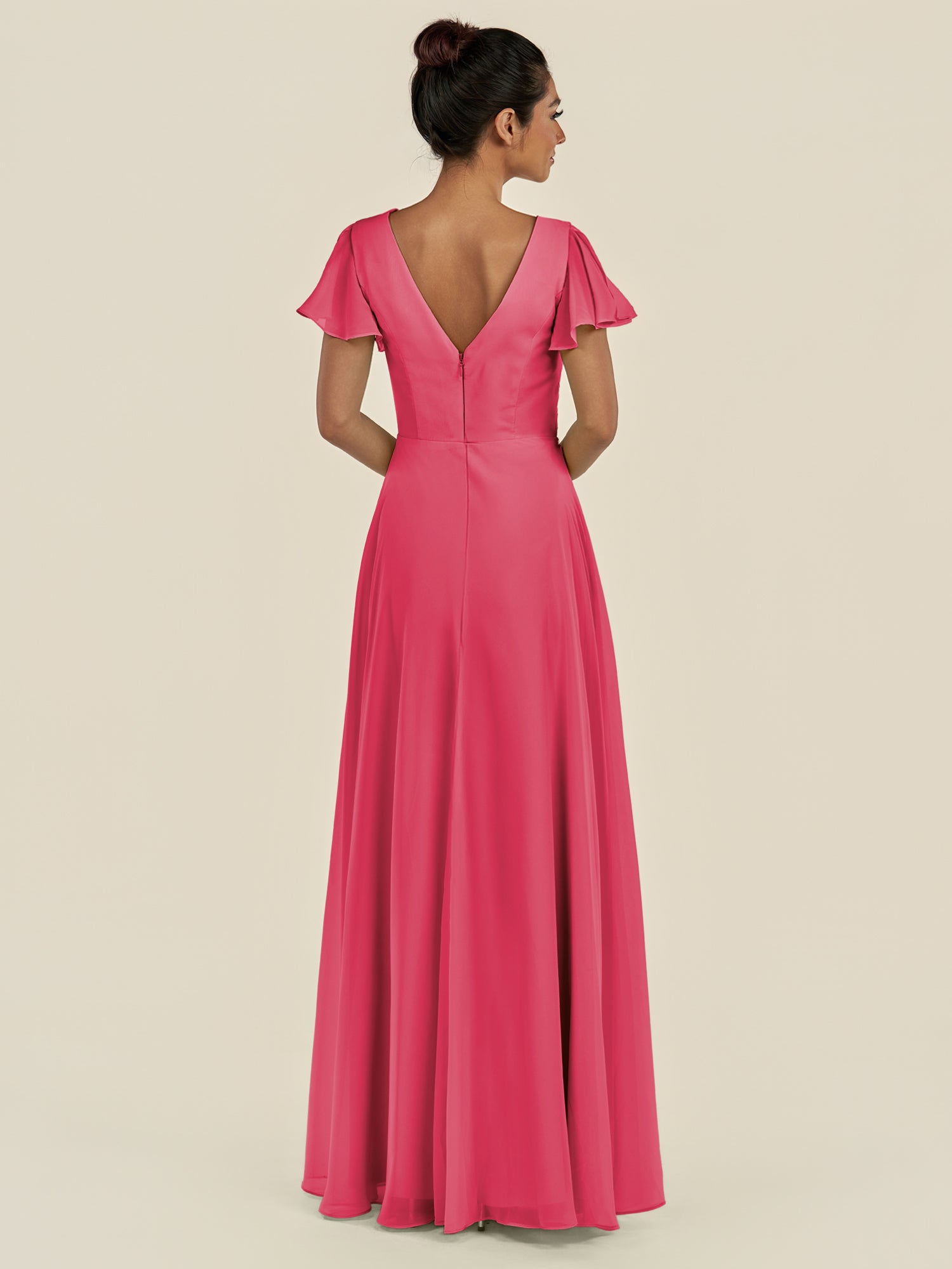 KissDress-Corin Fuchsia A Line Chiffon V Neck Long Bridesmaid Dress with Flutter Sleeves