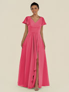 KissDress-Corin Fuchsia A Line Chiffon V Neck Long Bridesmaid Dress with Flutter Sleeves