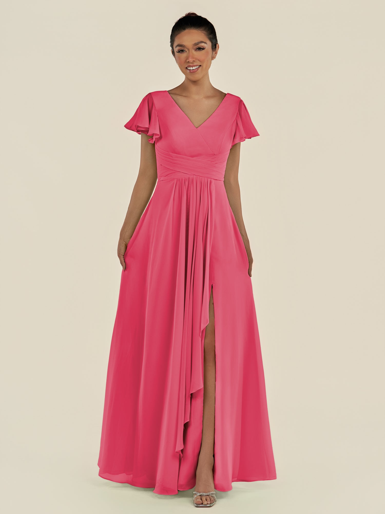 KissDress-Corin Fuchsia A Line Chiffon V Neck Long Bridesmaid Dress with Flutter Sleeves