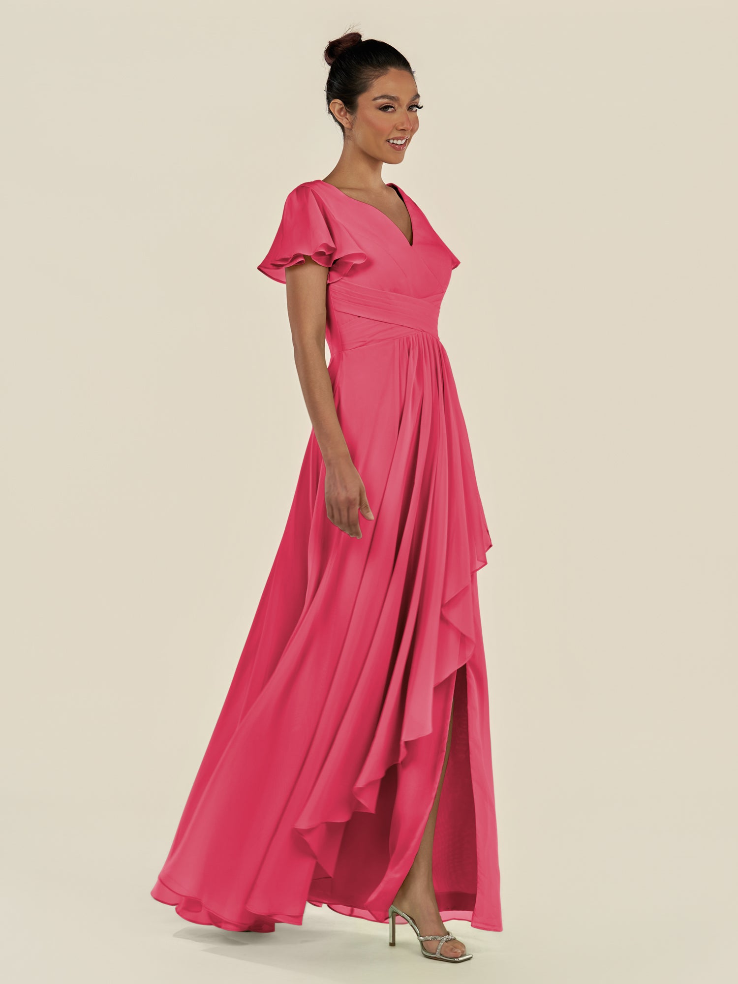 KissDress-Corin Fuchsia A Line Chiffon V Neck Long Bridesmaid Dress with Flutter Sleeves