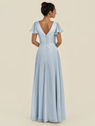 KissDress-Corin Ice A Line Chiffon V Neck Long Bridesmaid Dress with Flutter Sleeves