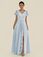 KissDress-Corin Ice A Line Chiffon V Neck Long Bridesmaid Dress with Flutter Sleeves