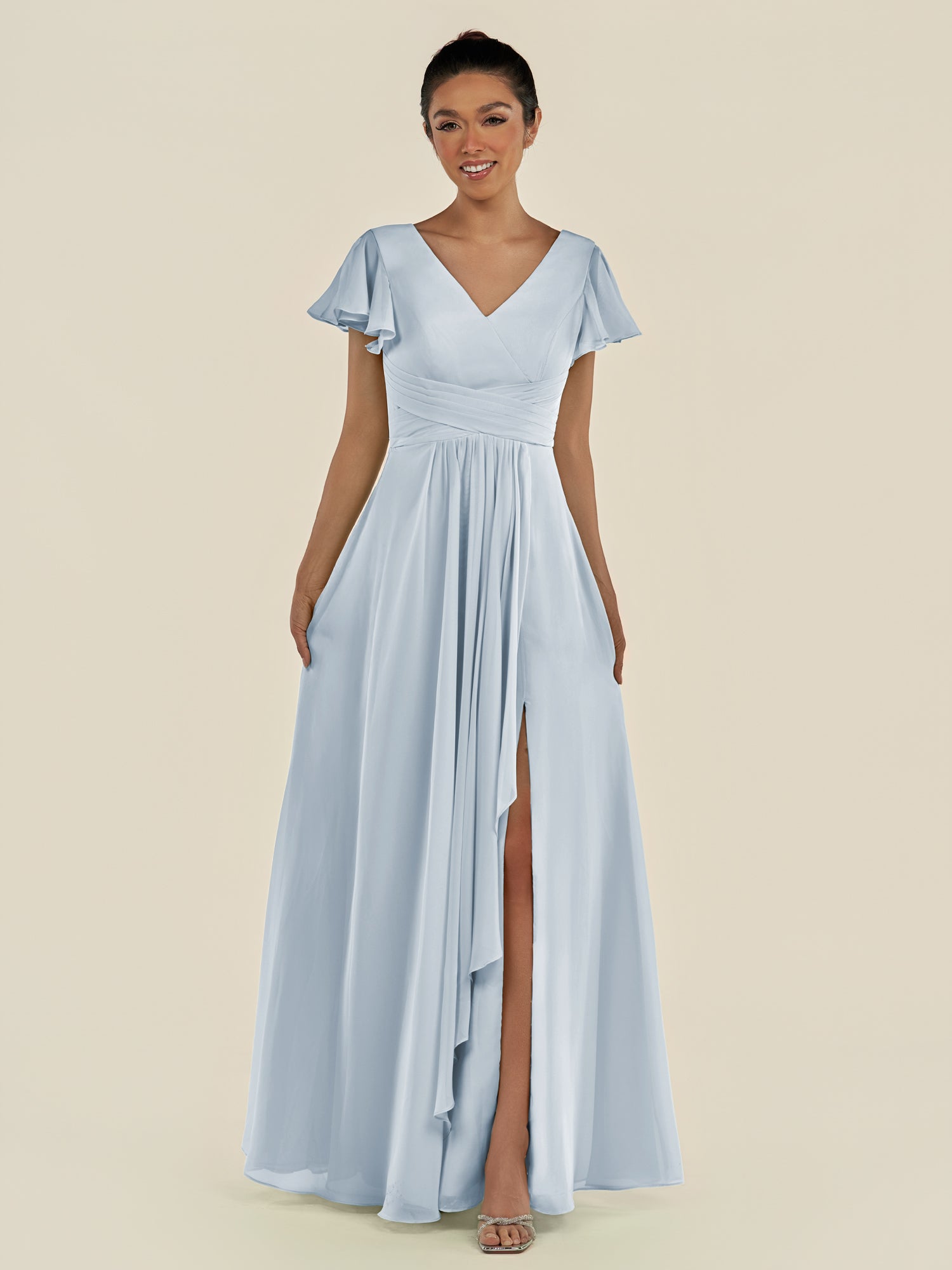 KissDress-Corin Ice A Line Chiffon V Neck Long Bridesmaid Dress with Flutter Sleeves