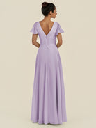 KissDress-Corin Lavender A Line Chiffon V Neck Long Bridesmaid Dress with Flutter Sleeves
