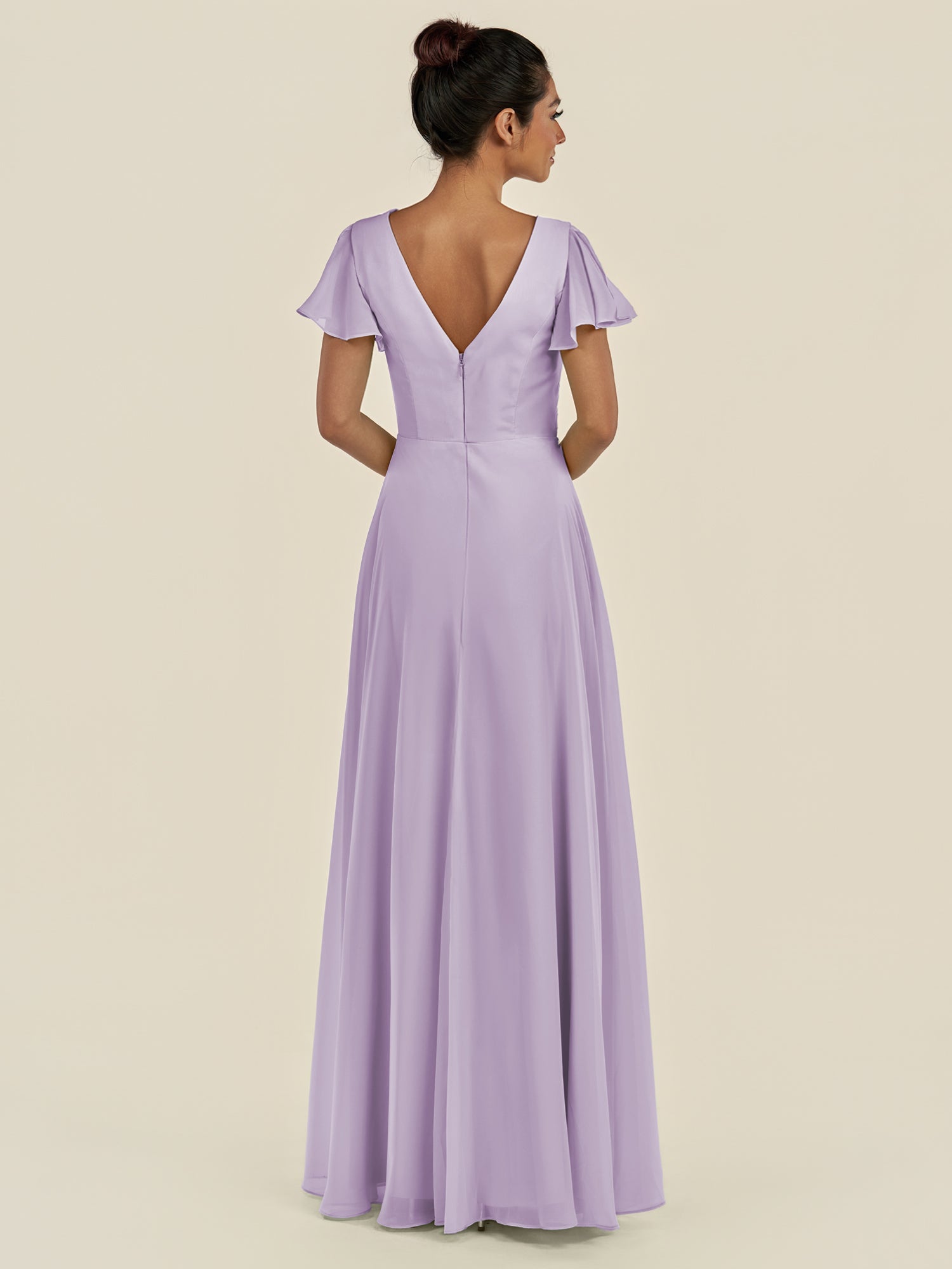 KissDress-Corin Lavender A Line Chiffon V Neck Long Bridesmaid Dress with Flutter Sleeves