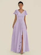 KissDress-Corin Lavender A Line Chiffon V Neck Long Bridesmaid Dress with Flutter Sleeves
