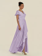 KissDress-Corin Lavender A Line Chiffon V Neck Long Bridesmaid Dress with Flutter Sleeves