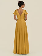 KissDress-Corin Marigold A Line Chiffon V Neck Long Bridesmaid Dress with Flutter Sleeves