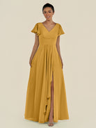 KissDress-Corin Marigold A Line Chiffon V Neck Long Bridesmaid Dress with Flutter Sleeves