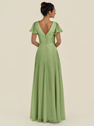 KissDress-Corin Matcha A Line Chiffon V Neck Long Bridesmaid Dress with Flutter Sleeves