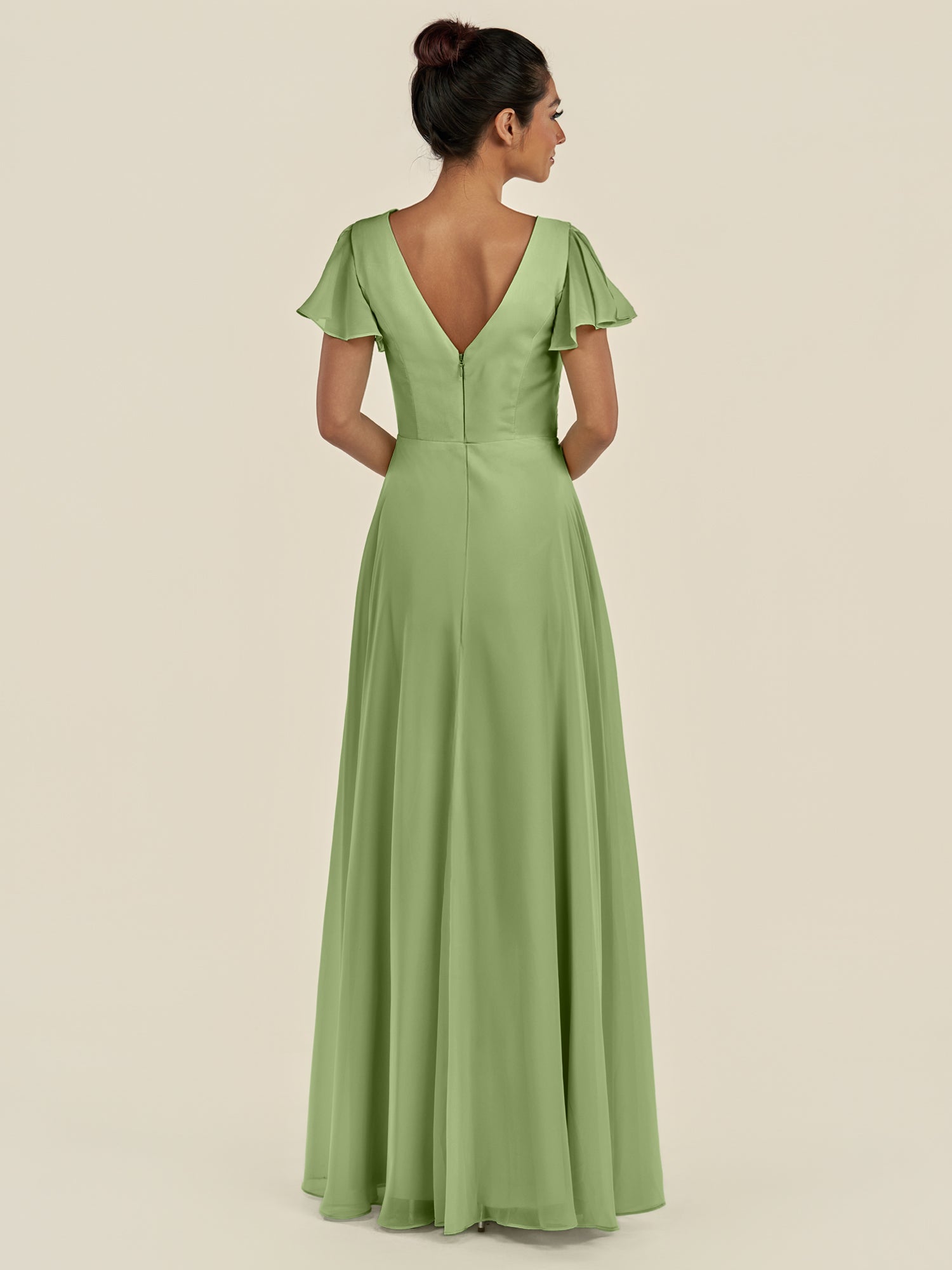 KissDress-Corin Matcha A Line Chiffon V Neck Long Bridesmaid Dress with Flutter Sleeves