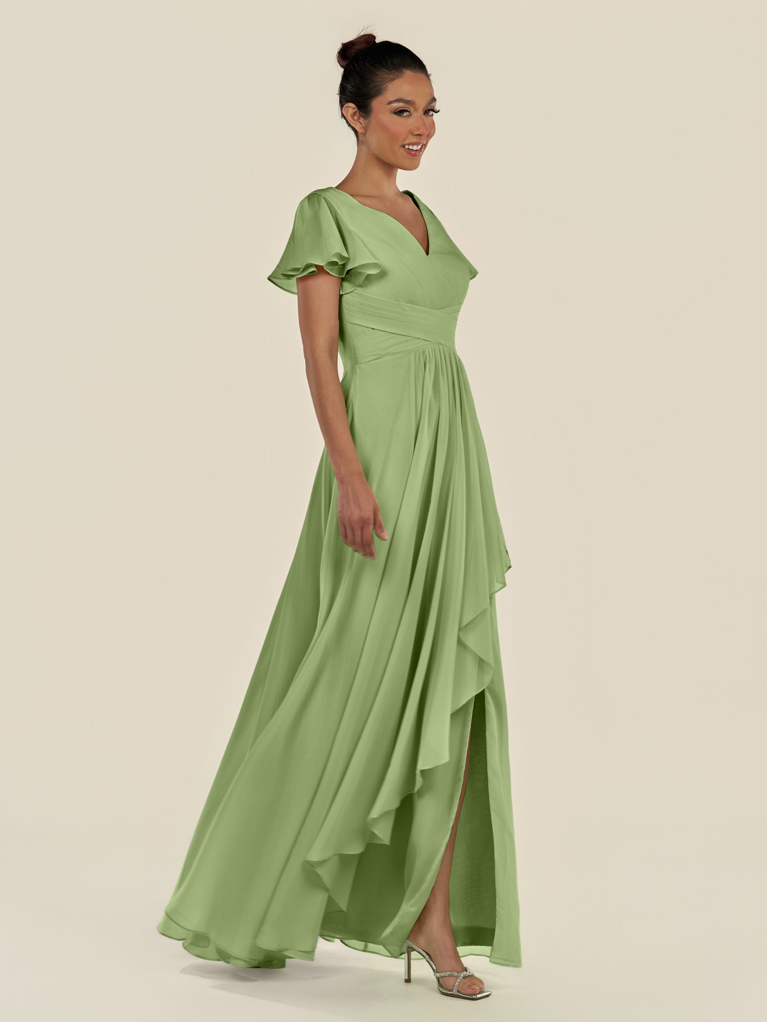 KissDress-Corin Matcha A Line Chiffon V Neck Long Bridesmaid Dress with Flutter Sleeves