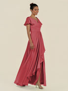 KissDress-Corin Merlot A Line Chiffon V Neck Long Bridesmaid Dress with Flutter Sleeves