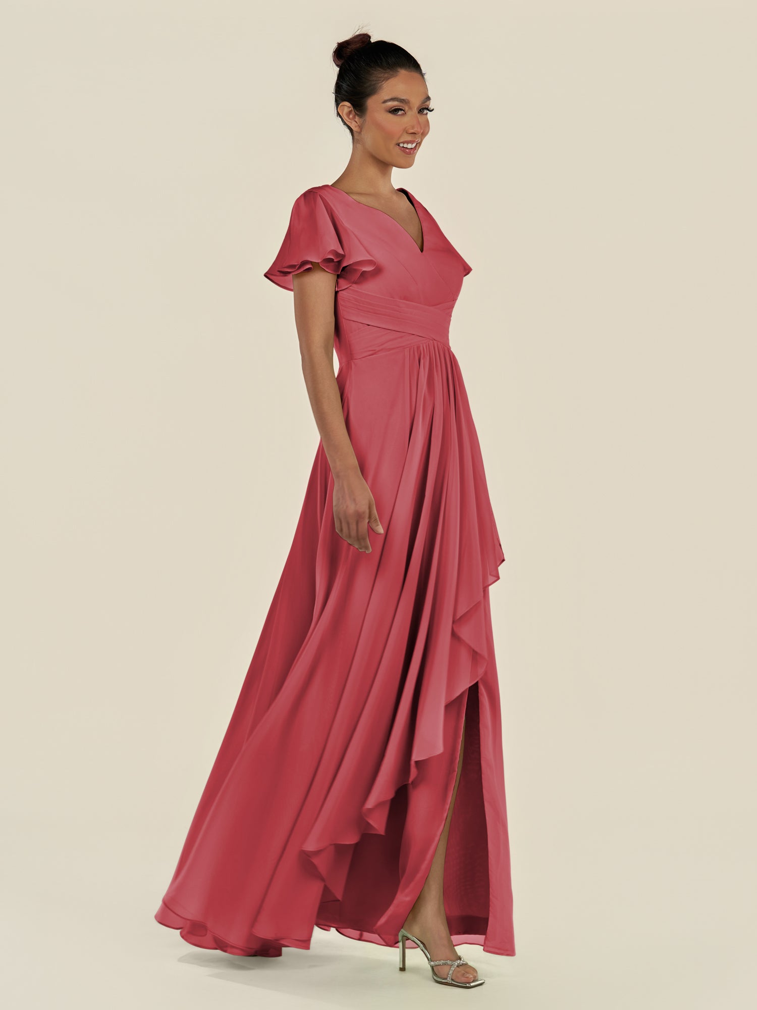 KissDress-Corin Merlot A Line Chiffon V Neck Long Bridesmaid Dress with Flutter Sleeves