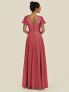 KissDress-Corin Merlot A Line Chiffon V Neck Long Bridesmaid Dress with Flutter Sleeves