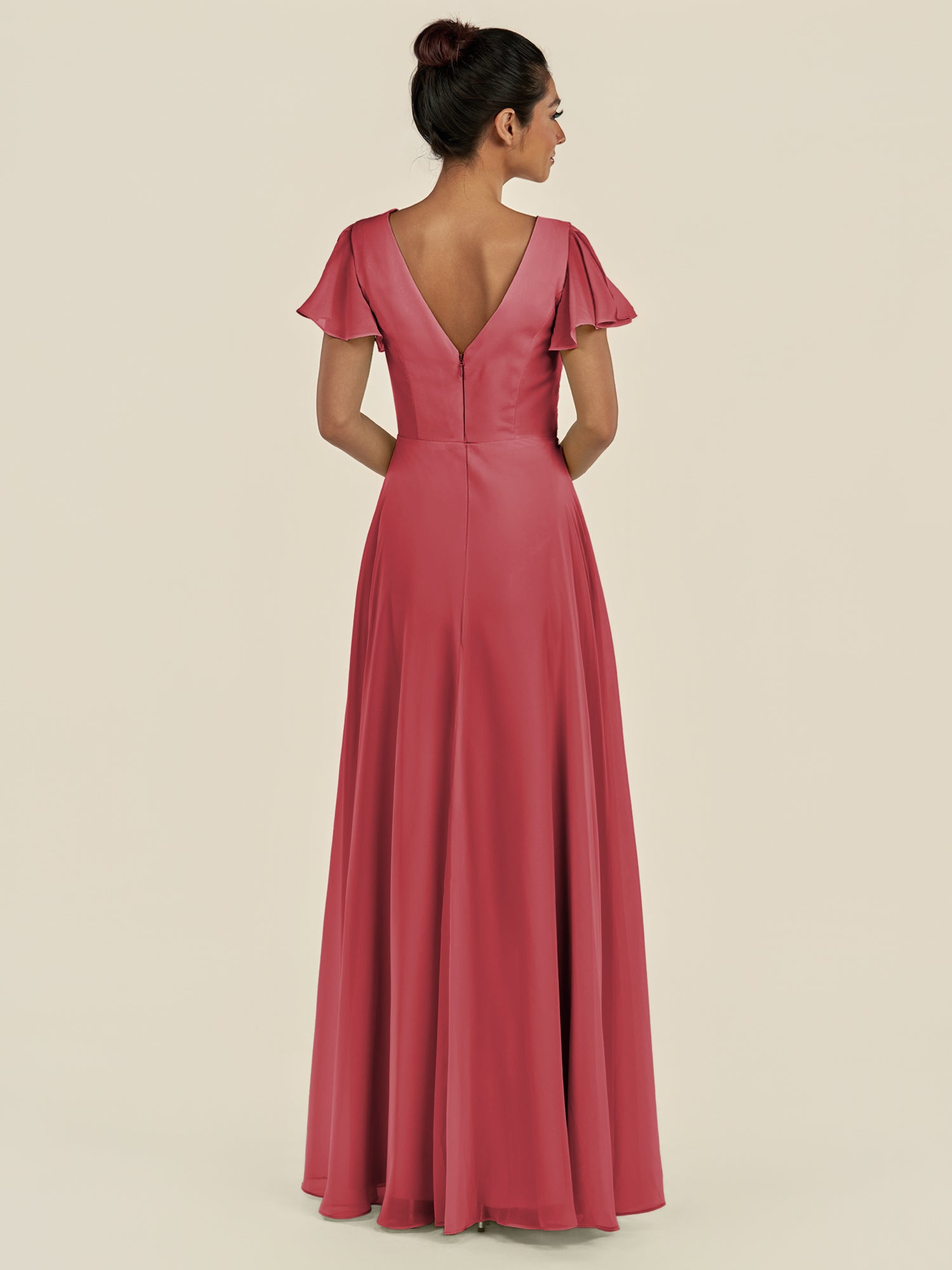 KissDress-Corin Merlot A Line Chiffon V Neck Long Bridesmaid Dress with Flutter Sleeves