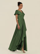 KissDress-Corin Moss A Line Chiffon V Neck Long Bridesmaid Dress with Flutter Sleeves