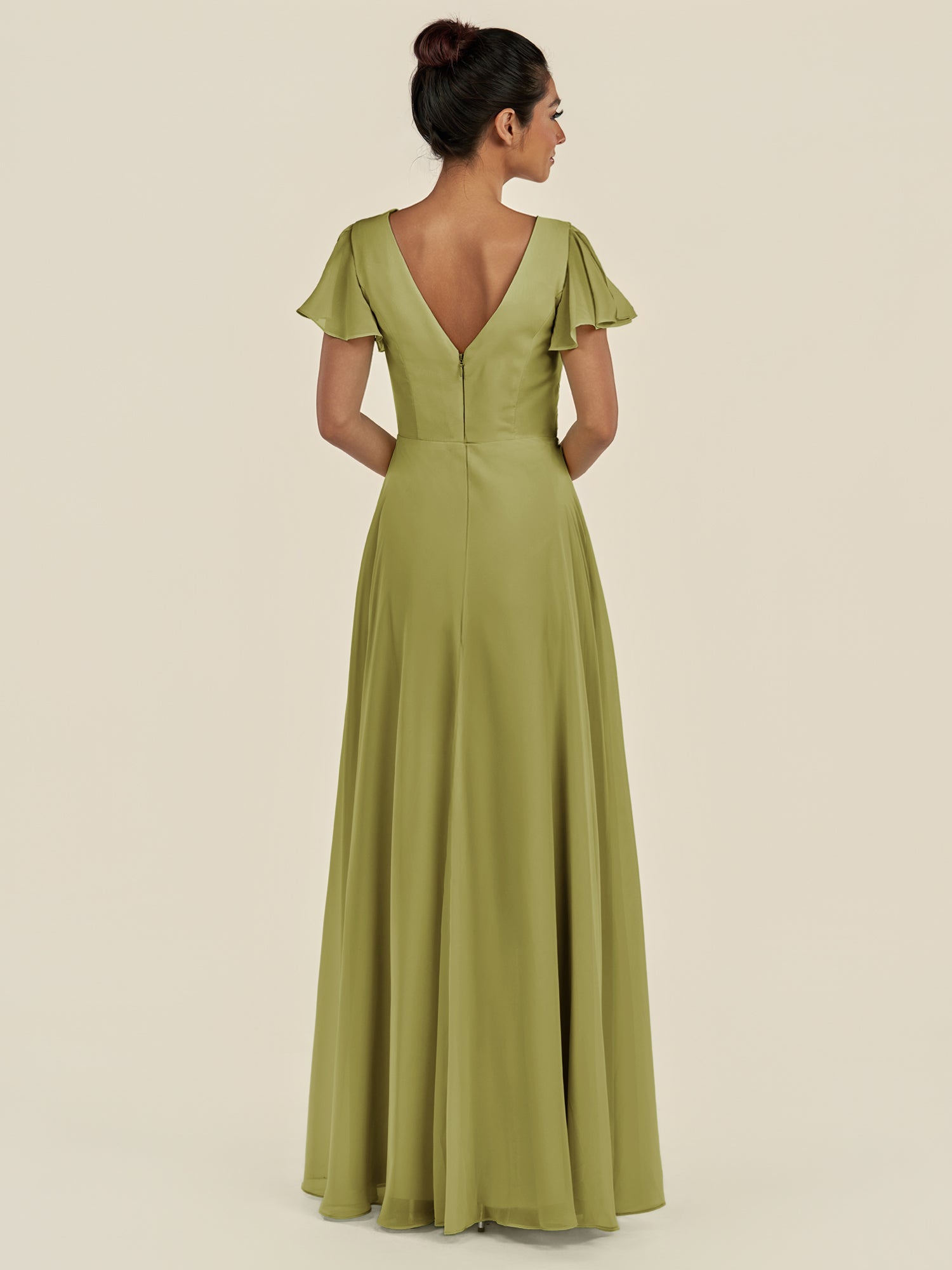 KissDress-Corin Moss Green A Line Chiffon V Neck Long Bridesmaid Dress with Flutter Sleeves