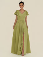 KissDress-Corin Moss Green A Line Chiffon V Neck Long Bridesmaid Dress with Flutter Sleeves