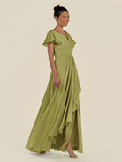 KissDress-Corin Moss Green A Line Chiffon V Neck Long Bridesmaid Dress with Flutter Sleeves