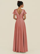 KissDress-Corin Mulberry A Line Chiffon V Neck Long Bridesmaid Dress with Flutter Sleeves
