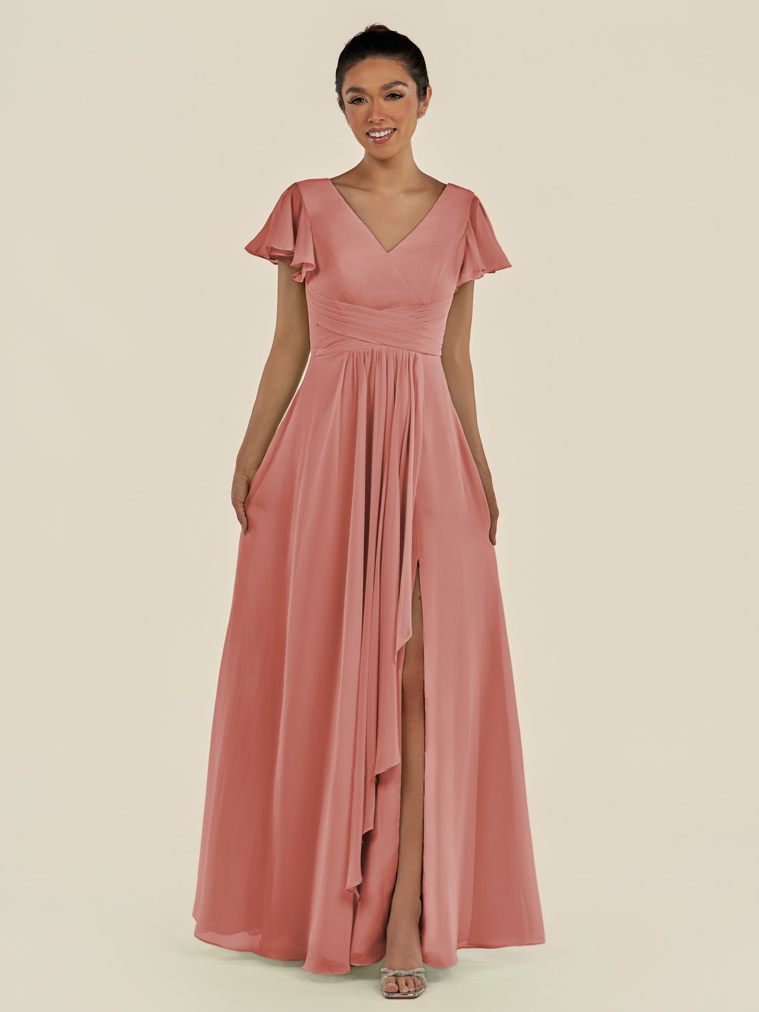 KissDress-Corin Mulberry A Line Chiffon V Neck Long Bridesmaid Dress with Flutter Sleeves