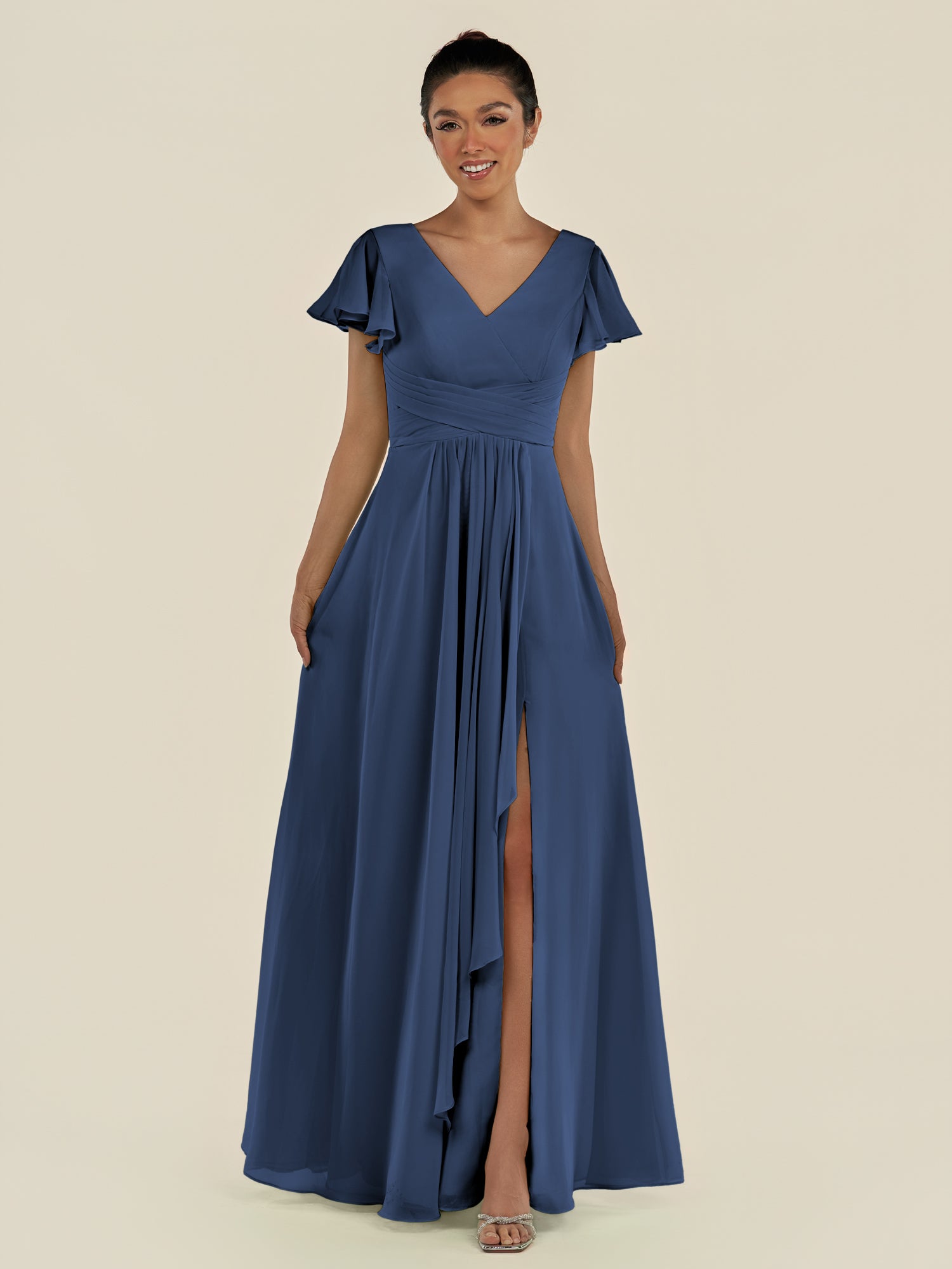 KissDress-Corin Navy A Line Chiffon V Neck Long Bridesmaid Dress with Flutter Sleeves