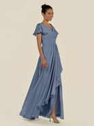 KissDress-Corin Neptune A Line Chiffon V Neck Long Bridesmaid Dress with Flutter Sleeves