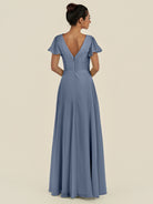 KissDress-Corin Neptune A Line Chiffon V Neck Long Bridesmaid Dress with Flutter Sleeves