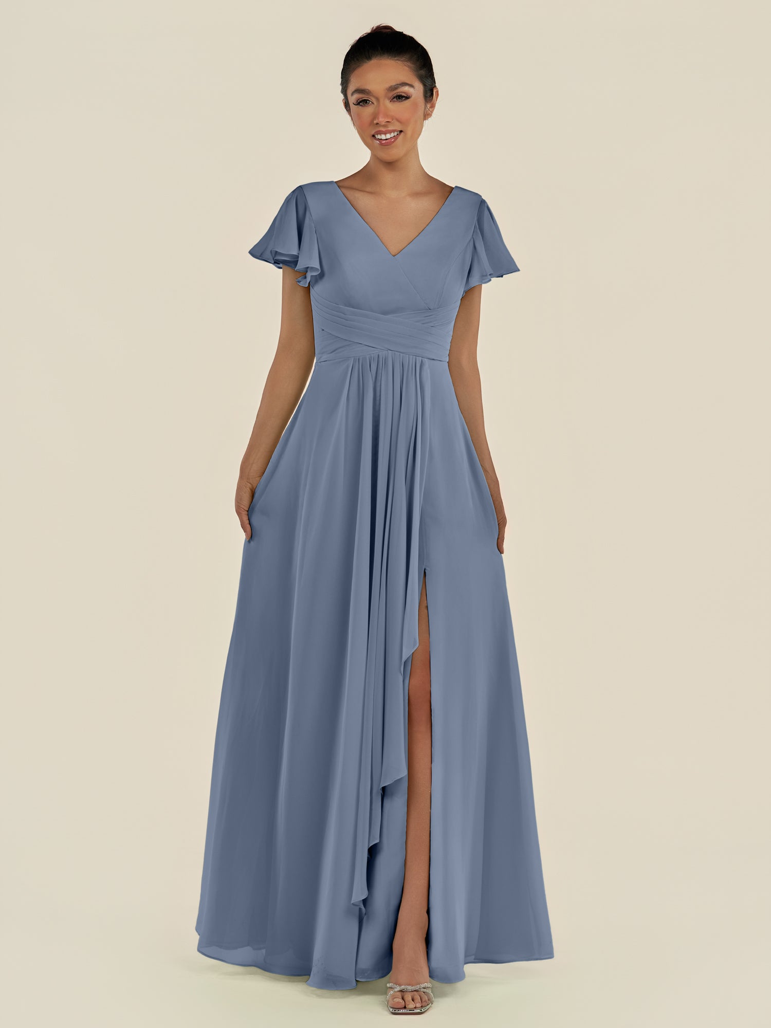 KissDress-Corin Neptune A Line Chiffon V Neck Long Bridesmaid Dress with Flutter Sleeves