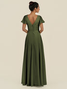 KissDress-Corin Olive A Line Chiffon V Neck Long Bridesmaid Dress with Flutter Sleeves