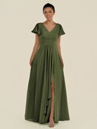 KissDress-Corin Olive A Line Chiffon V Neck Long Bridesmaid Dress with Flutter Sleeves