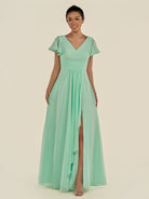 KissDress-Corin Pale Pistachio A Line Chiffon V Neck Long Bridesmaid Dress with Flutter Sleeves