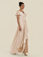 KissDress-Corin Pale Blush A Line Chiffon V Neck Long Bridesmaid Dress with Flutter Sleeves