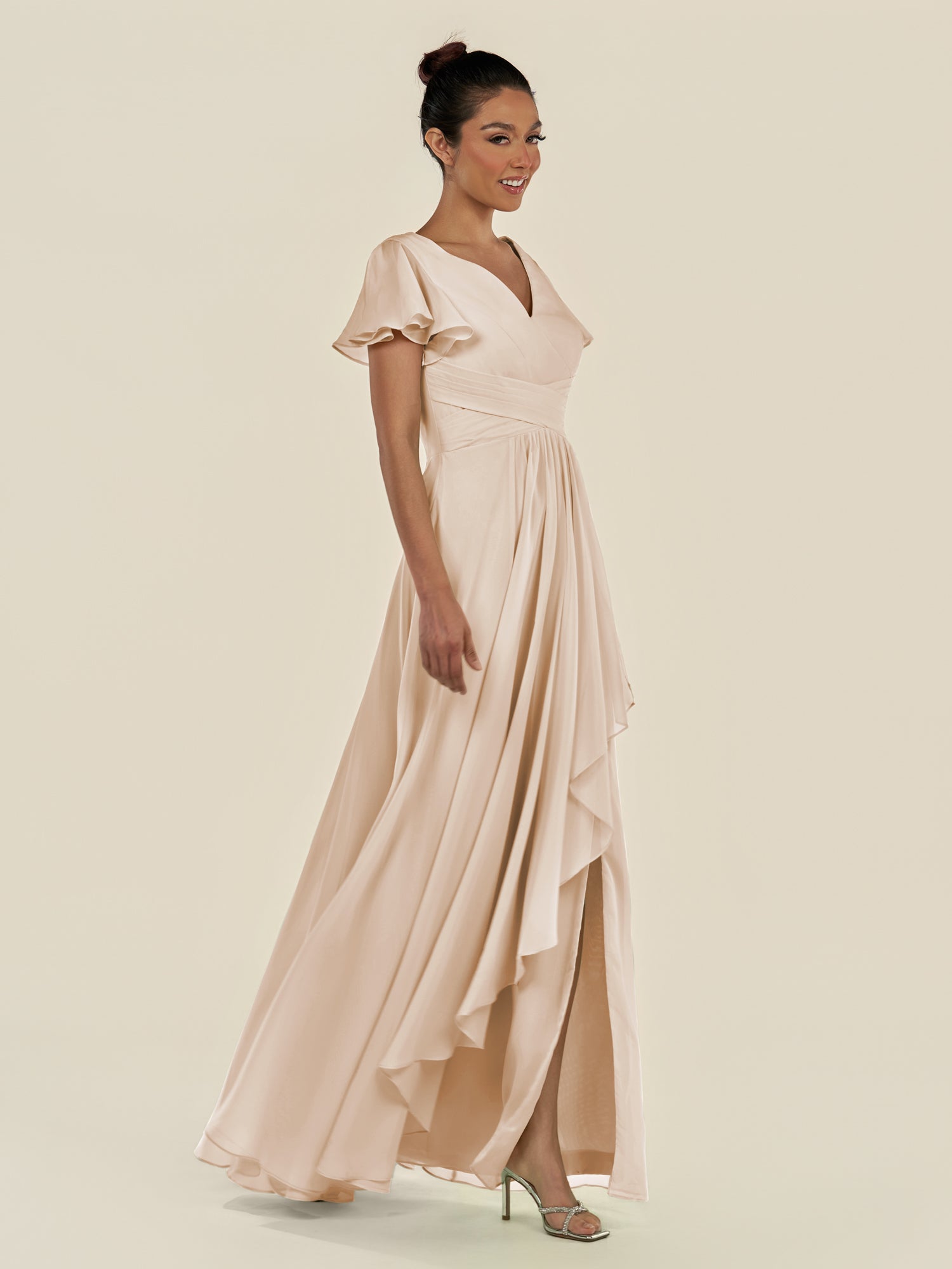 KissDress-Corin Pale Blush A Line Chiffon V Neck Long Bridesmaid Dress with Flutter Sleeves