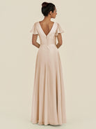 KissDress-Corin Pale Blush A Line Chiffon V Neck Long Bridesmaid Dress with Flutter Sleeves
