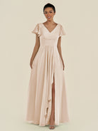 KissDress-Corin Pale Blush A Line Chiffon V Neck Long Bridesmaid Dress with Flutter Sleeves