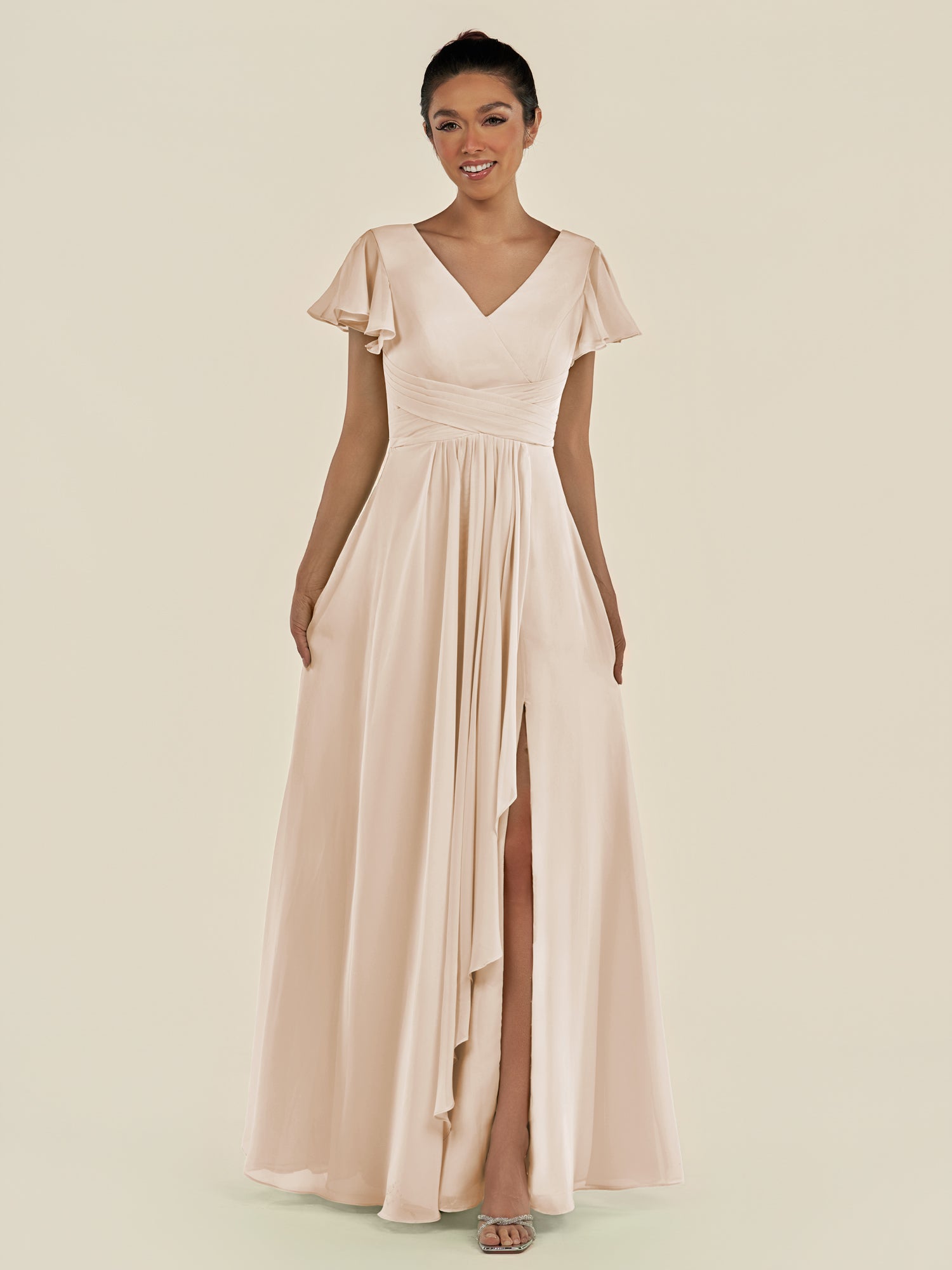 KissDress-Corin Pale Blush A Line Chiffon V Neck Long Bridesmaid Dress with Flutter Sleeves