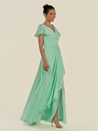 KissDress-Corin Pale Pistachio A Line Chiffon V Neck Long Bridesmaid Dress with Flutter Sleeves