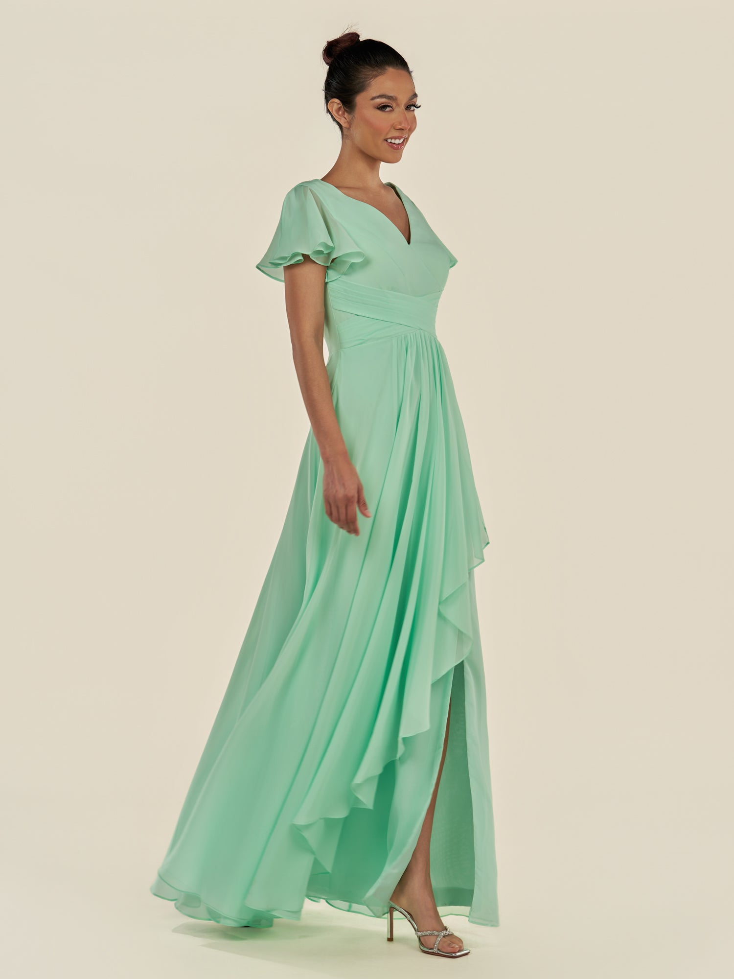 KissDress-Corin Pale Pistachio A Line Chiffon V Neck Long Bridesmaid Dress with Flutter Sleeves