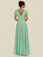KissDress-Corin Pale Pistachio A Line Chiffon V Neck Long Bridesmaid Dress with Flutter Sleeves