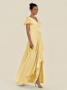 KissDress-Corin Pastel Yellow A Line Chiffon V Neck Long Bridesmaid Dress with Flutter Sleeves