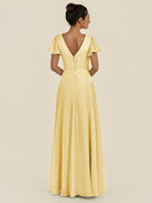 KissDress-Corin Pastel Yellow A Line Chiffon V Neck Long Bridesmaid Dress with Flutter Sleeves