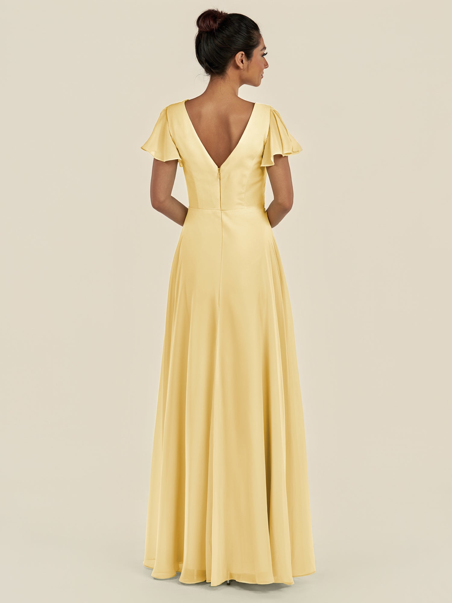 KissDress-Corin Pastel Yellow A Line Chiffon V Neck Long Bridesmaid Dress with Flutter Sleeves